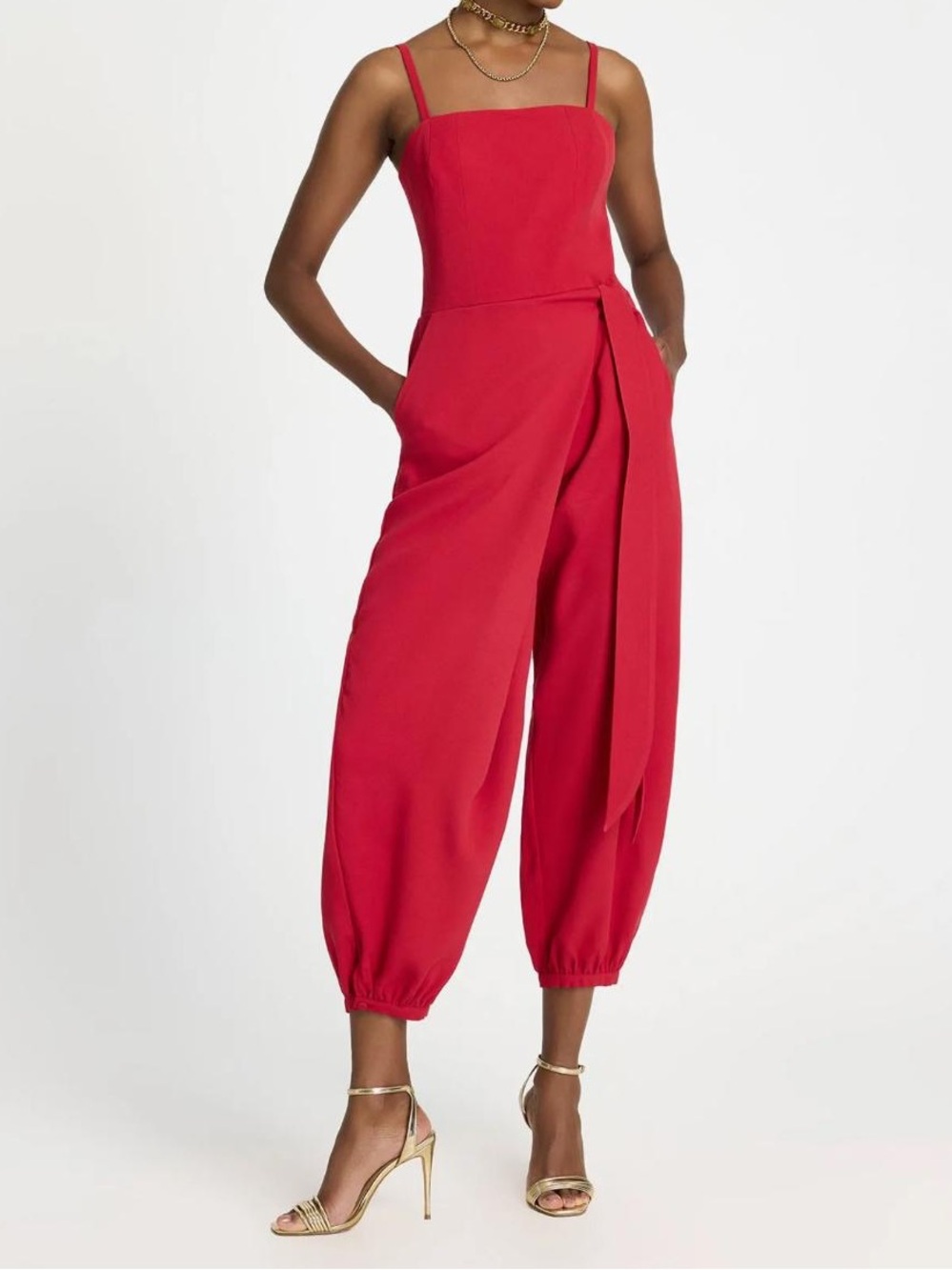 Le Lis Red Sleeveless Square-Neck Jumpsuit with Waist Sash